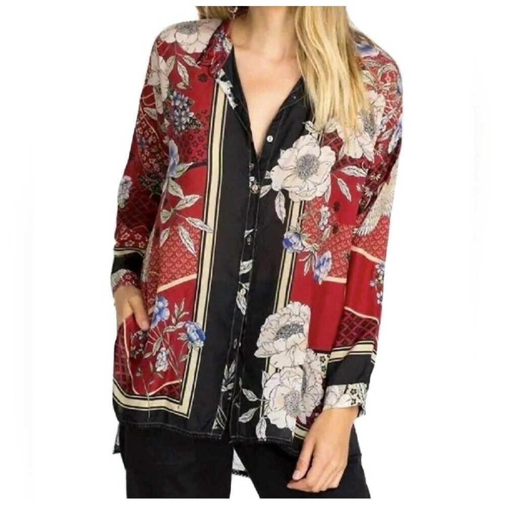 Johnny Was Crane Mallory Long Roll Tab Sleeve 100% Silk Button Up Shirt SZ L